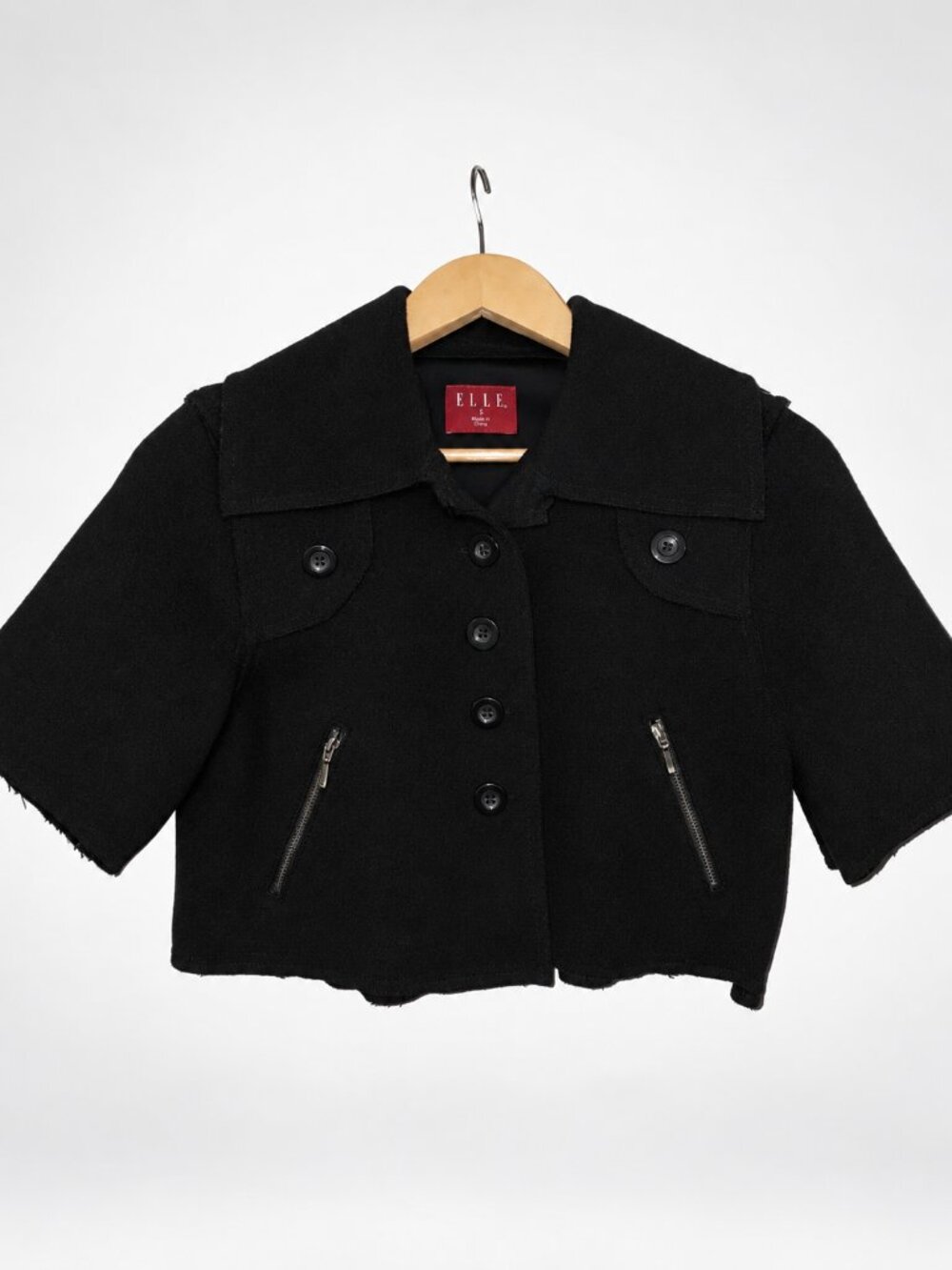 ELLE Black Cropped Cape Jacket Women Small Double Breasted Zip Pockets